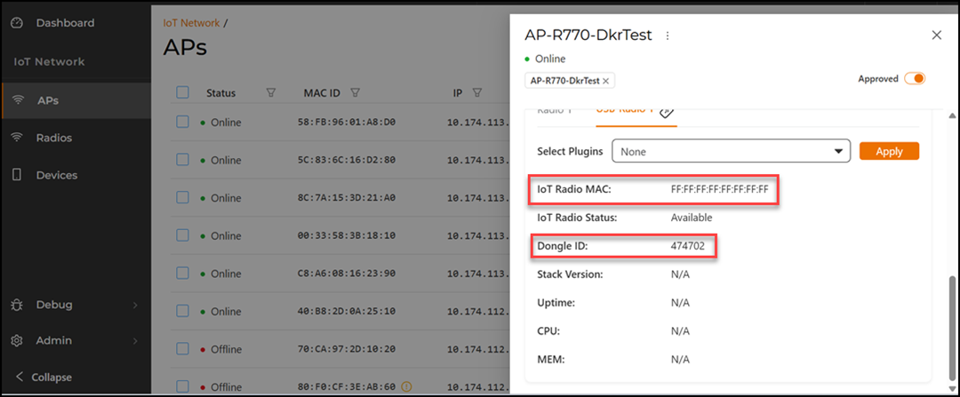 Viewing IoT Radio MAC and Dongle ID