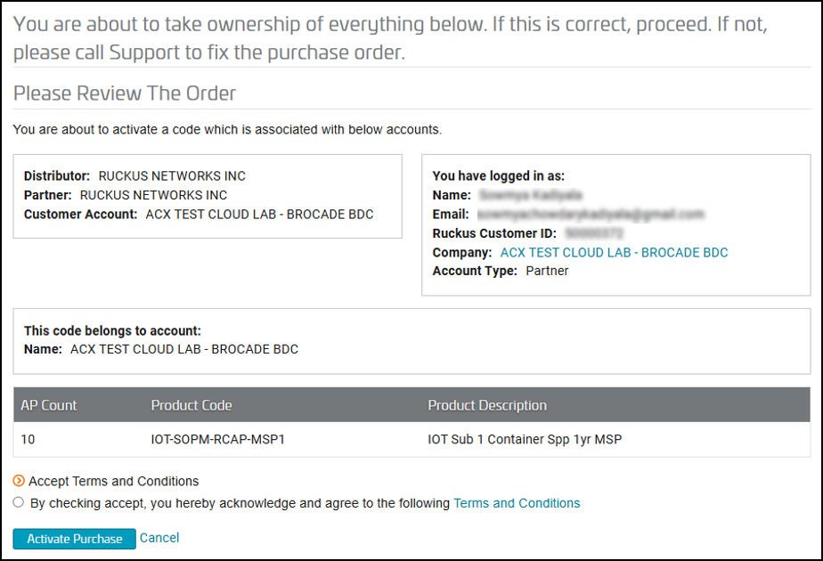 Clicking Activate Purchase