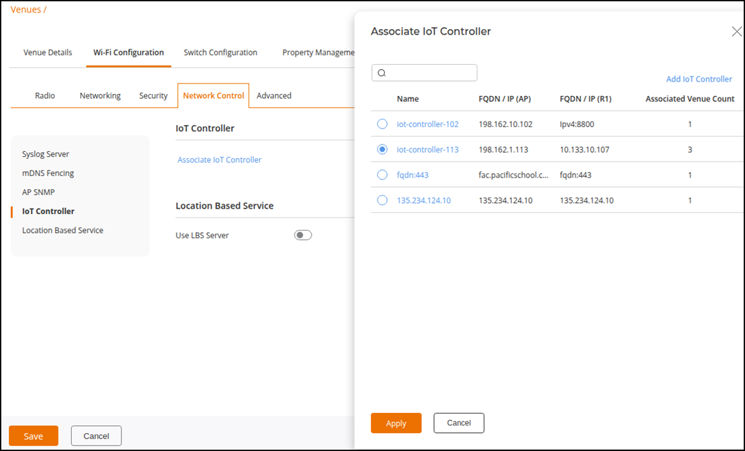 Selecting an IoT Controller from the List Selecting an IoT Controller from the List