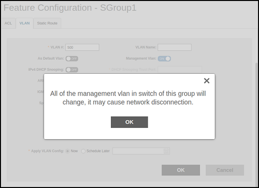Management VLAN Confirmation Dialogue Box
