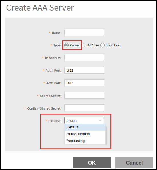 Creating a Switch AAA Server with Type as RADIUS
